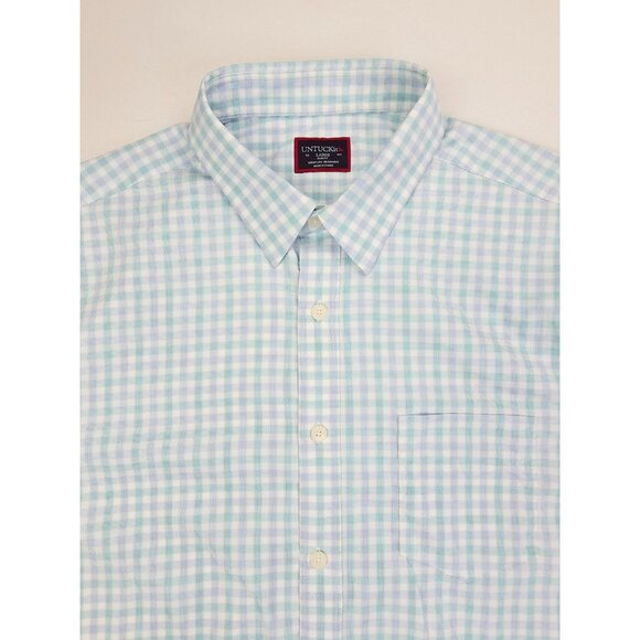 Untuckit Slim Fit Size Large Mens Aqua White Blue Check Nylon Long Sleeve Shirt - Picture 10 of 10
